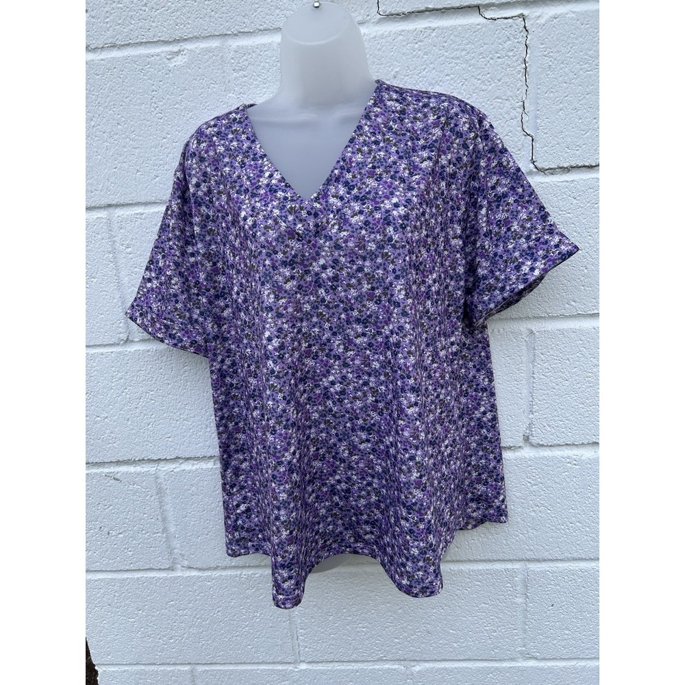 Rapbin Floral V-Neck Short Sleeve Top 2X Cotton Plus Size Purple 50"chest 27" L